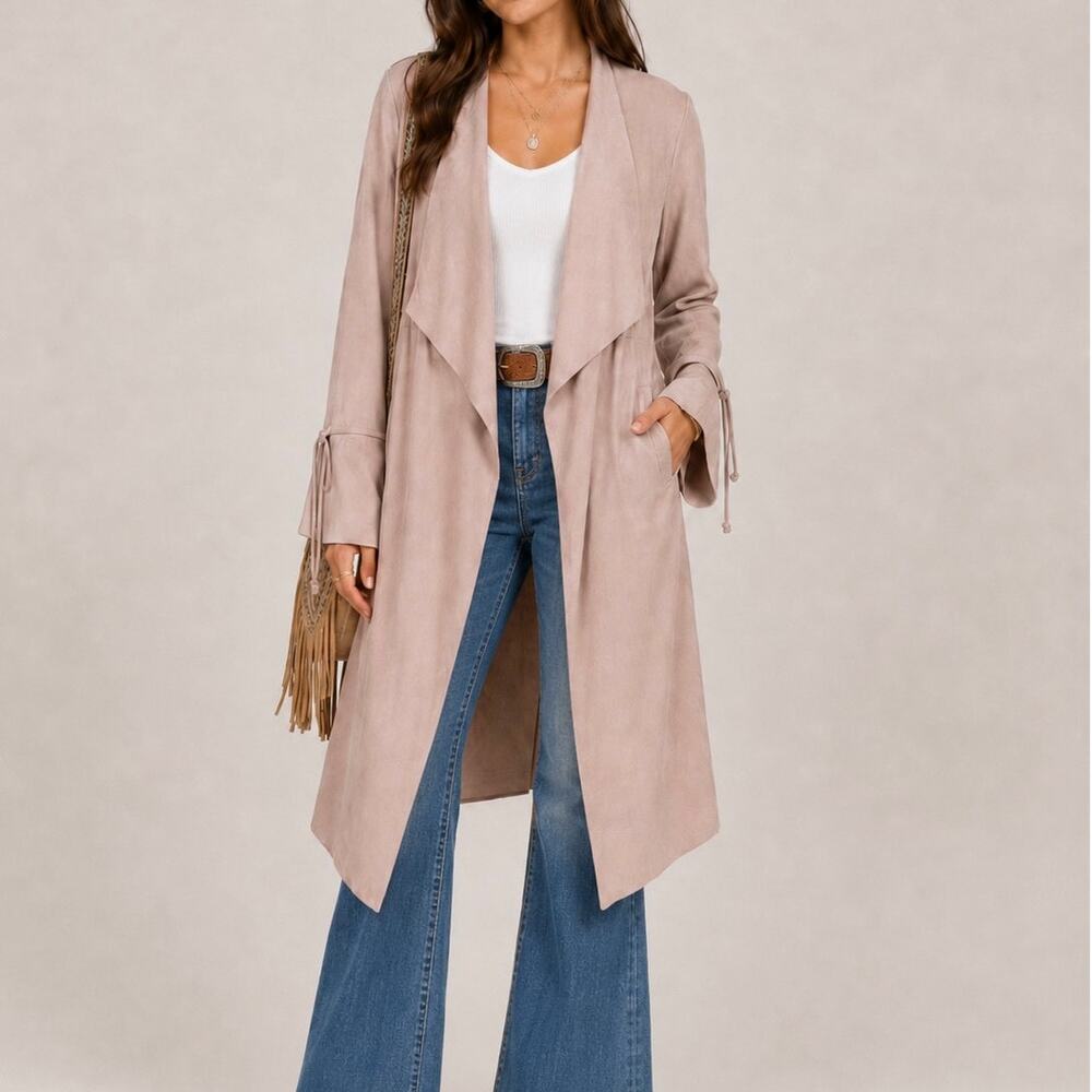 Mustard Seed Faux Suede Duster Jacket Small Blush Waterfall Open Front Boho Coat